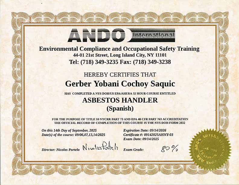 Yobani Cochoy Asbestos Handler License